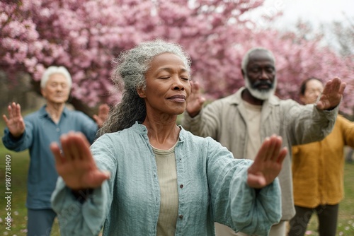 Diverse Seniors Practicing Tai Chi in a Blooming Spring Garden Setting