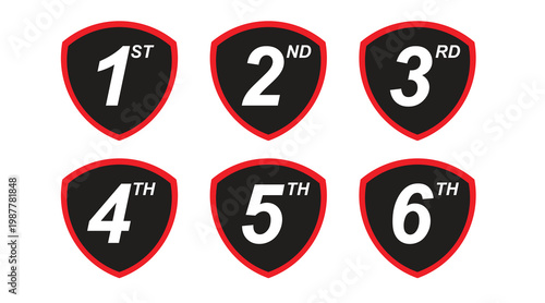 Ranking Badge Shield Icons Set 1st 2nd 3rd 4th 5th 6th Winner Placement Symbols Black Red Design