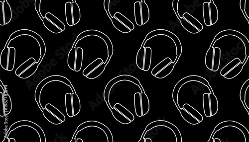 Headphone seamless pattern illustration. Earphone silhouette repeat background. Audio equipment minimal style. Sound device texture design. Digital gadget surface.