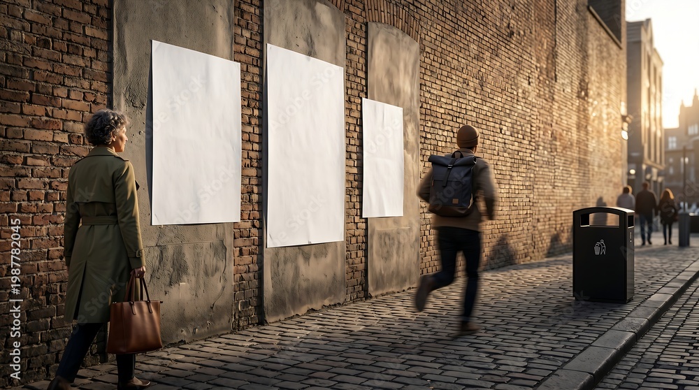 Fototapeta premium Street poster mockup on old brick wall in city at sunset