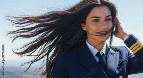 Beautiful Female Pilot Posing Outdoors with Windswept Hair.