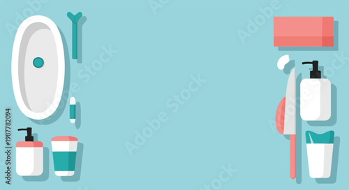 This minimalist vector illustration features a collection of bathroom essentials and skincare products neatly arranged on a light blue background.