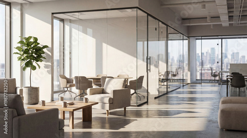 Fotografía Bright and spacious modern open-plan office interior with glass meeting rooms and city views, bathed in natural light