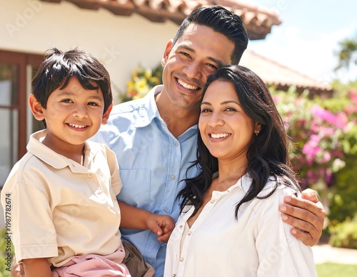 A family smiles brightly, posing together outdoors. The father holds the child. The mother and child both have dark hair