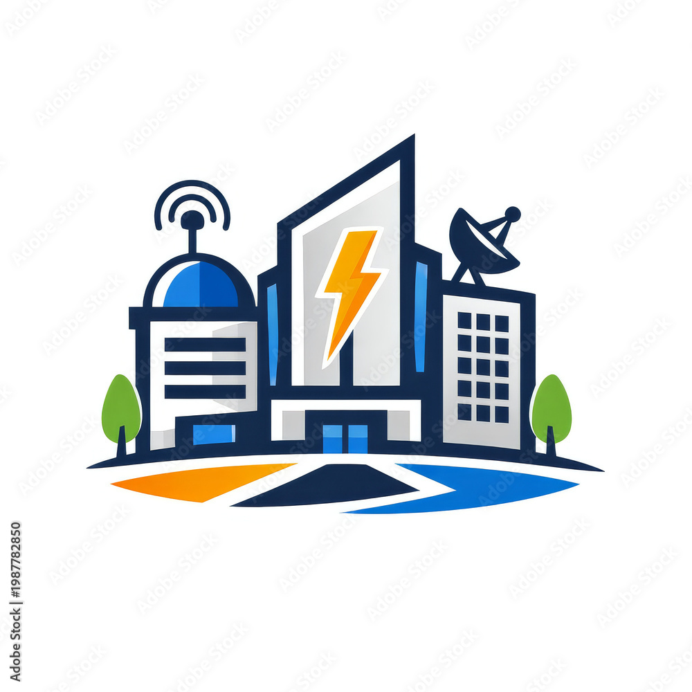 Obraz premium Modern industrial power station and smart city buildings with energy symbols in pixel art style.