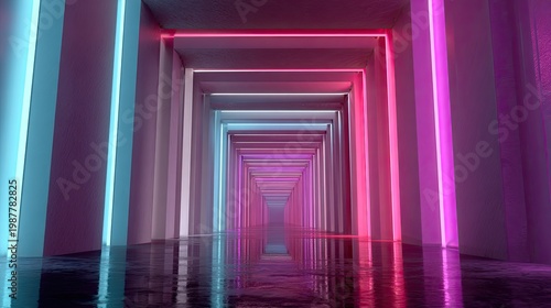 Futuristic corridor illuminated by vibrant neon lights reflecting on a wet floor, creating depth