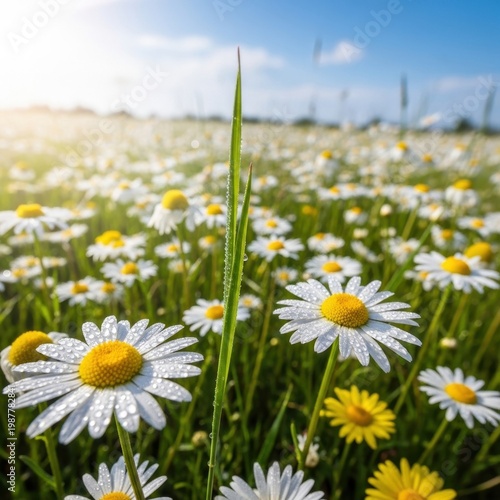 Beautiful Field of Daisies Blooming Under a Bright Sunny Sky.