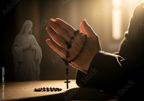 Praying Hands with Rosary and Virgin Mary Silhouette. Generative Ai