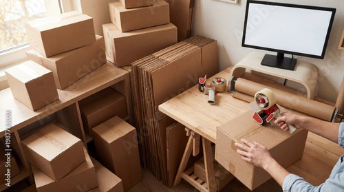 Person efficiently sealing a cardboard box with packaging tape.