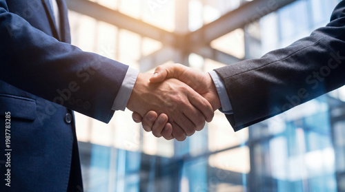 Φωτογραφία Close-up view of two business professionals shaking hands in a modern office, symbolizing partnership and agreement