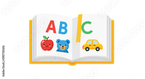 Children's ABC book with apple, bear, and car illustrations on white background