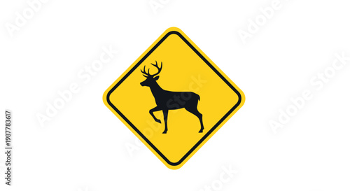 Black silhouette of a deer on a yellow diamond warning sign, isolated on white background.