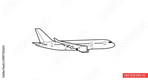 Modern Airliner Jet Airplane Line Art Illustration Isolated on White Background