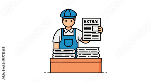 Newspaper Vendor Selling Extra Edition News Standing Behind Stack of Papers