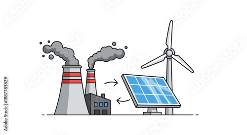 Renewable energy vs fossil fuel power plant, concept of green energy transition.
