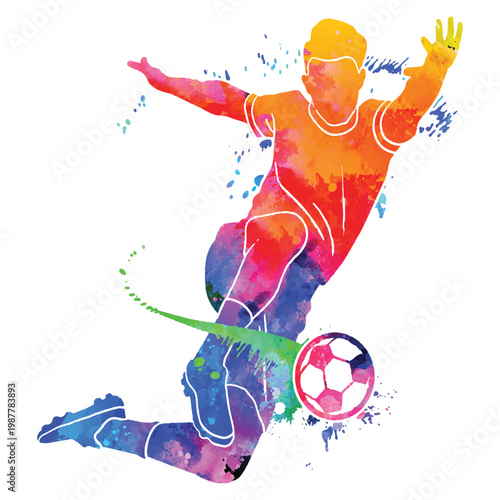 Abstract Football player quick shooting a ball from splash of watercolors Vector illustration Art