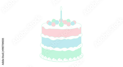 Pastel Birthday Cake with Candle and Candies, Flat Design, Isolated on White