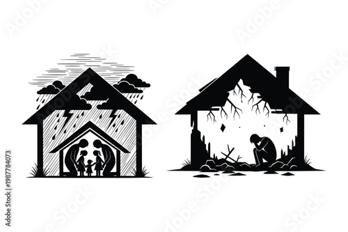 Houses showing family shelter in storm and person in dilapidated ruin icons
