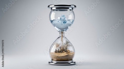 Surreal Concept of Climate Change with Melting Glacier and Desert inside Hourglass