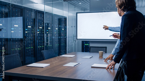 Schilderij op canvas Business professionals discuss presentation in a modern data center conference room with a blank screen