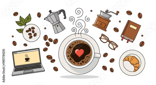 Cozy Coffee Break with Laptop, Croissant, and Book - Flat Lay