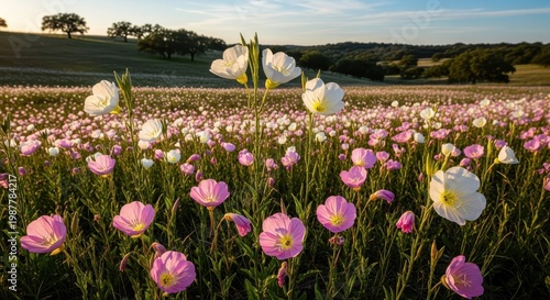 Beautiful Field of Pink and White Wildflowers Blooming in Sunlight.