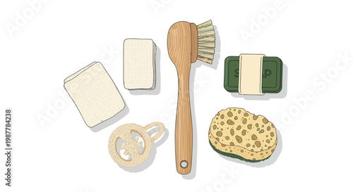 Eco-friendly kitchen cleaning tools: wooden brush, sponge, soap, and scrubber on white background