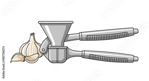 Garlic Press and Fresh Garlic Cloves Isolated on White Background