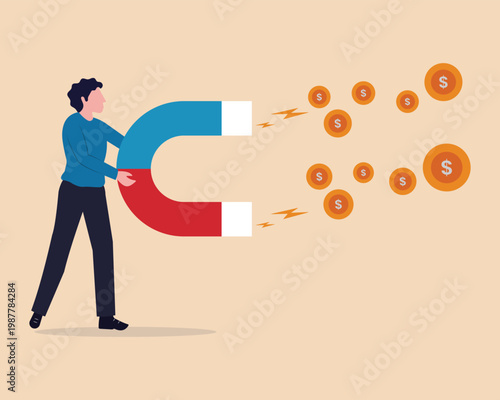 Money magnet, power to attract business opportunity and earn more profit or increase wealth. Businessman holding high power magnet to attract all benefits. Salary raise or earn more income concept.