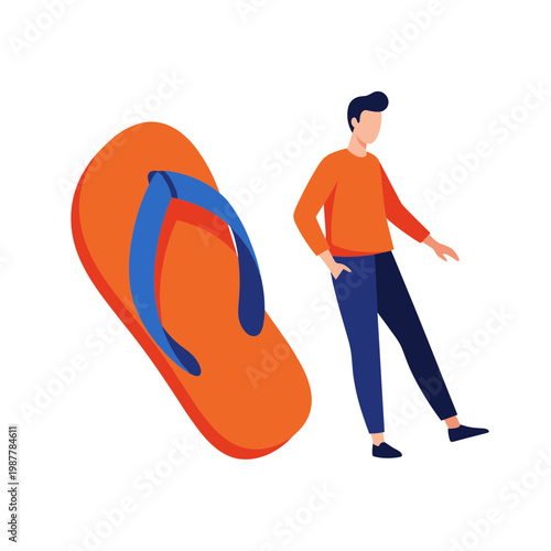 Man walking near giant flip flop summer concept illustration