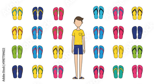 Colorful flip flops collection with character illustration