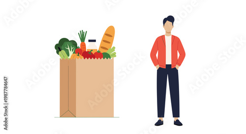 Grocery bag with vegetables and man standing flat illustration