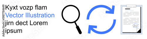 Data security, document processing, digital workflow, auditing, information review, system updates. Magnifying glass, circular arrows document graphic. Data security and document processing concept