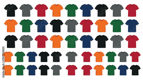 Collection of assorted plain t-shirts in various colors and styles.