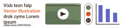 User interface, data visualization, online engagement, content performance, feedback analysis, media consumption. Video player icon, emoticons bar chart. User interface and data visualization