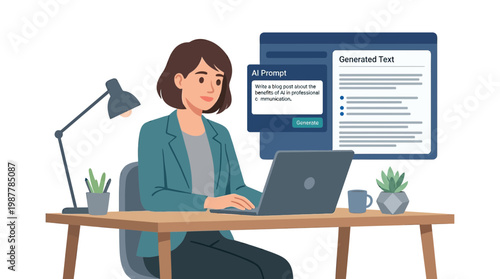 Woman Working on Laptop at Desk in Office.