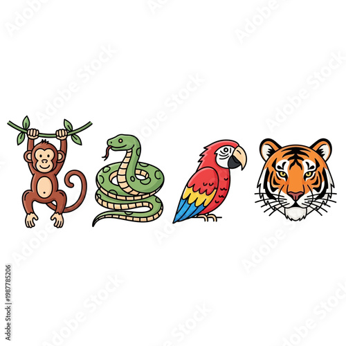 Cute Jungle Animal Cartoon Set: Monkey, Snake, Parrot and Tiger Face