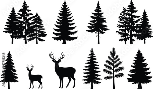 Black silhouettes of pine trees and deer 