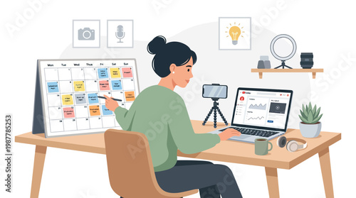 Woman Working at Desk with Computer and Camera Setup.