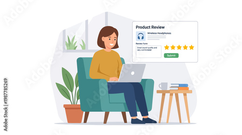 Woman Using Laptop Sitting on Couch with Digital Screen.