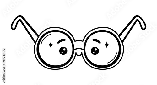 Cute Kawaii Round Glasses Character Line Art