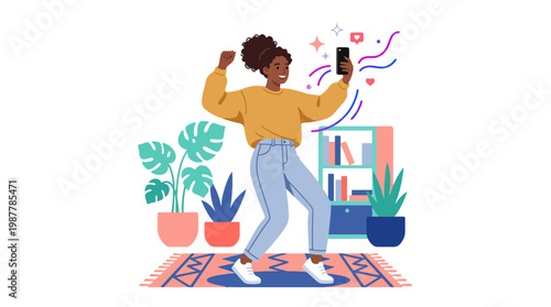 Young Woman Taking Selfie in Indoor Setting with Plants.