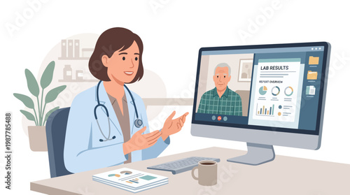 Female Doctor Conducting Telemedicine Consultation Using Computer.