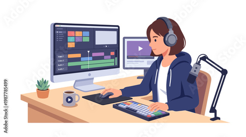 Woman Working on Digital Video Editing at Desk.