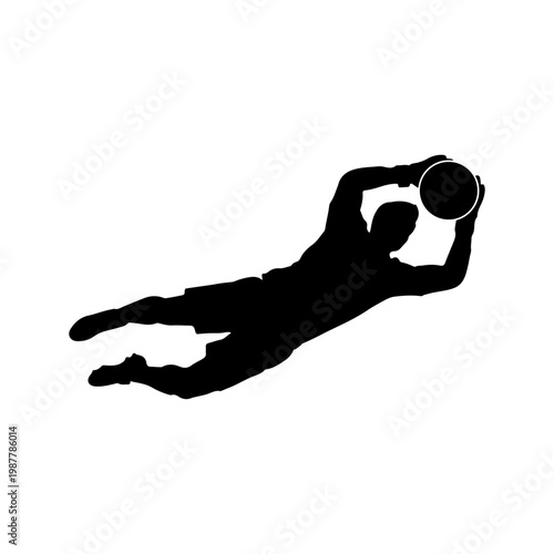 Solid black silhouette of a goalkeeper catching the ball mid air in a jumping save action Vector illustration