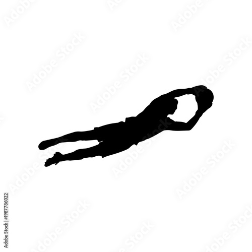 Solid black silhouette of a goalkeeper making a diving save with extended reach motion Vector illustration
