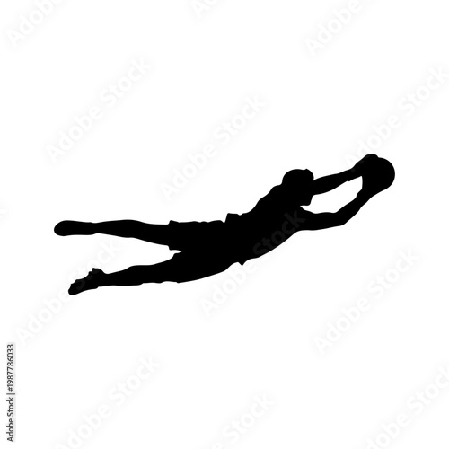 Solid black silhouette of a goalkeeper diving fully stretched to save the ball in action Vector illustration