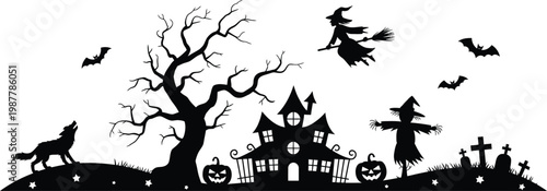 Halloween scene with haunted house witch wolf bats and pumpkins