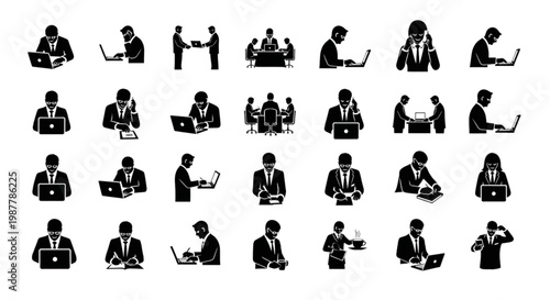 Black Silhouette Office Work Icon Set 30 Icons Business Activities Minimal Vector Pack