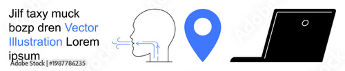 Voice recognition, navigation systems, technology interaction, online tools, communication, and digital innovation. Human profile with airflow, location marker and laptop. Voice recognition